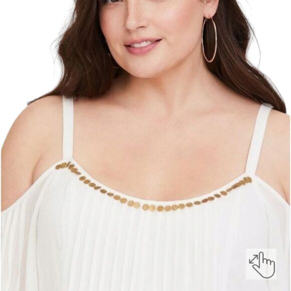 TORRID MINI IVORY GAUZY Cold Shoulder Trapeze dress With Gold Sequins - Picture 6 of 16